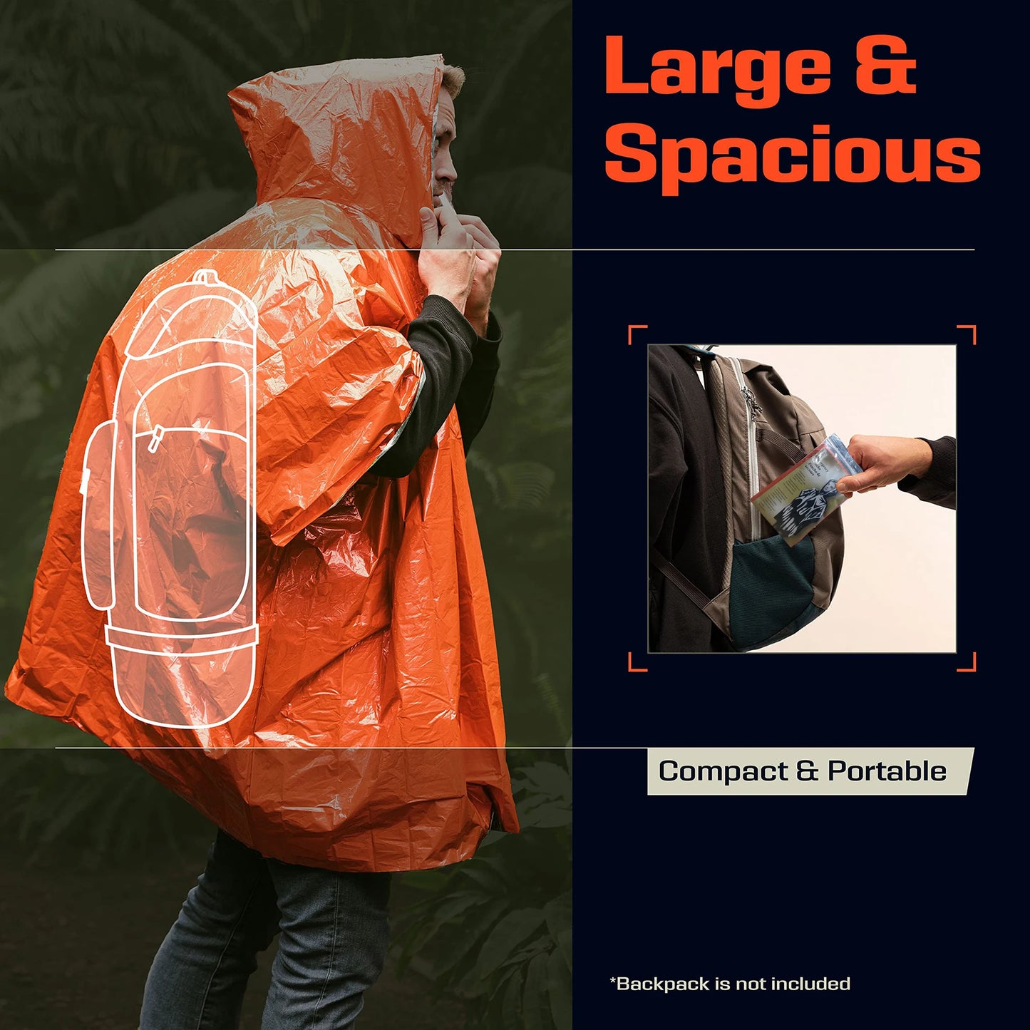 Thermal emergency rain ponchos, water-resistant, lightweight four-pack for camping and survival kits.