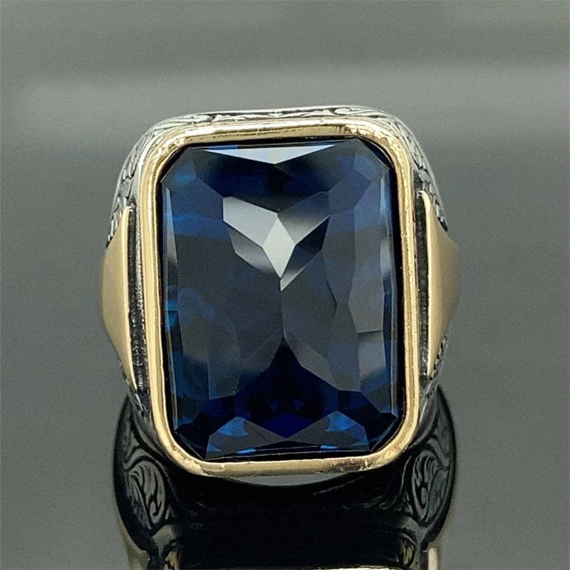 Delicate square geometric men's ring, gold-silver tones, blue stone, ideal party gift.