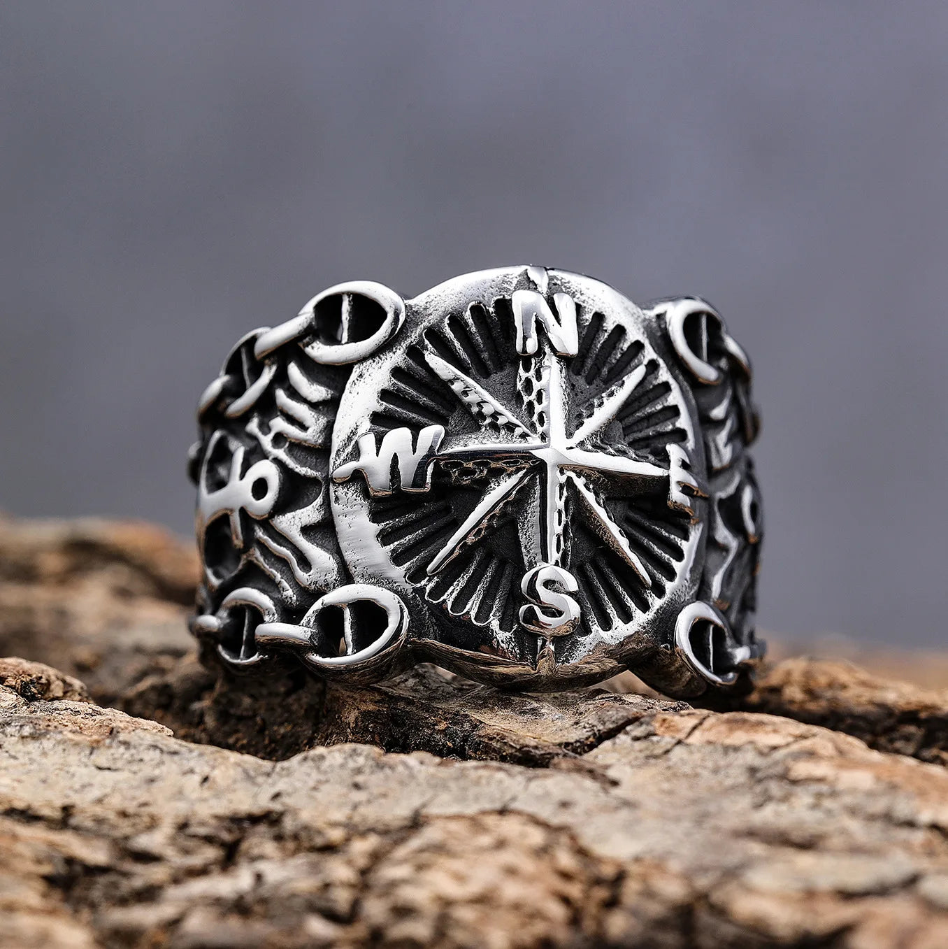 Retro compass ring, punk gothic style, adjustable open band, biker unisex gift.