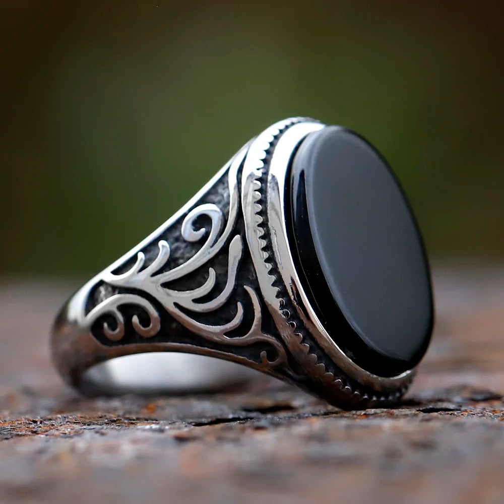 Retro Turkish geometric men's ring, black zircon stone, luxury anniversary jewelry.