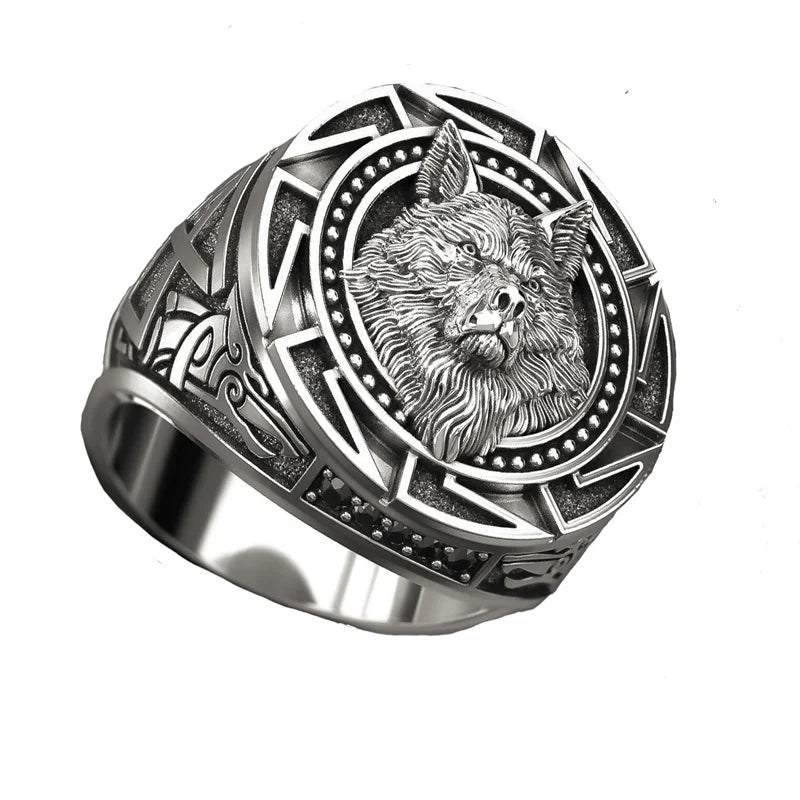 Vintage Viking wolf totem ring, Nordic warrior style, bold domineering men's jewelry.