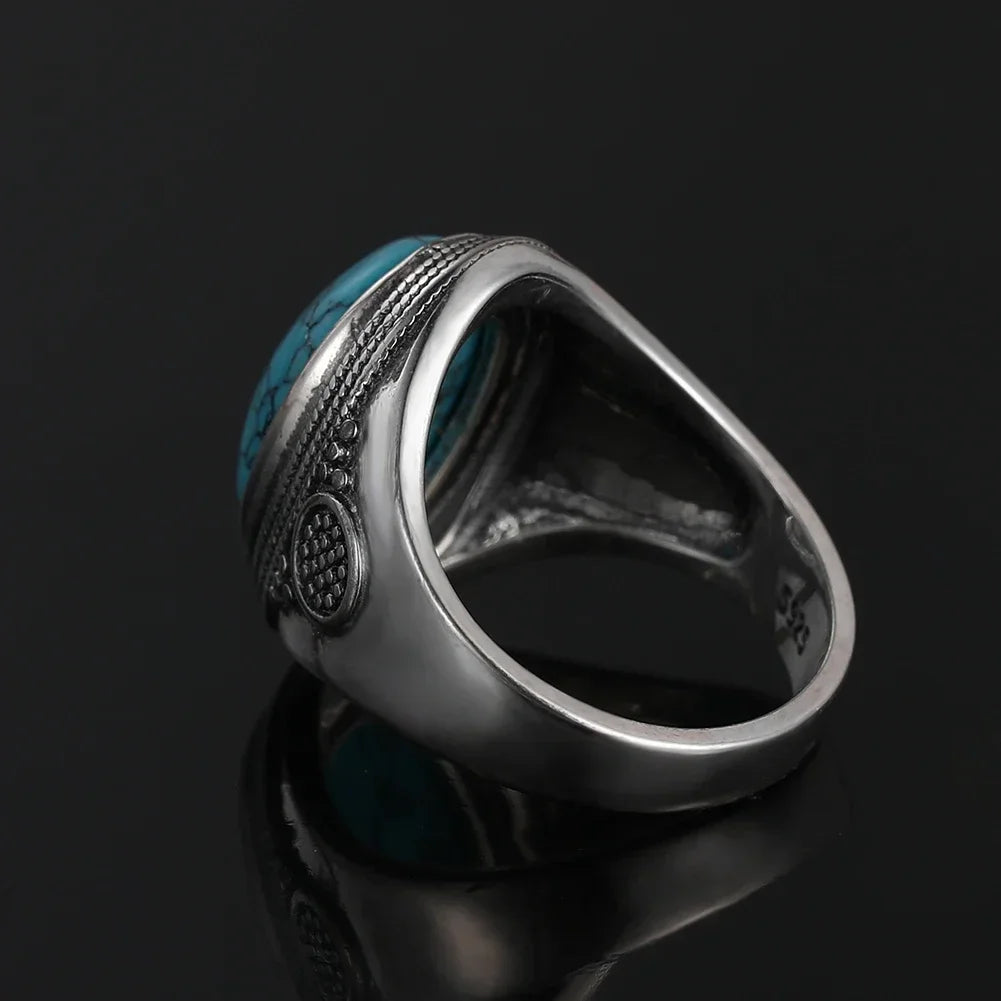 Natural oval turquoise ring, vintage silver luxury style, perfect anniversary party gift.