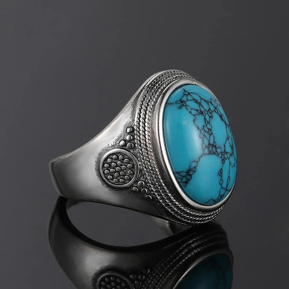 Natural oval turquoise ring, vintage silver luxury style, perfect anniversary party gift.