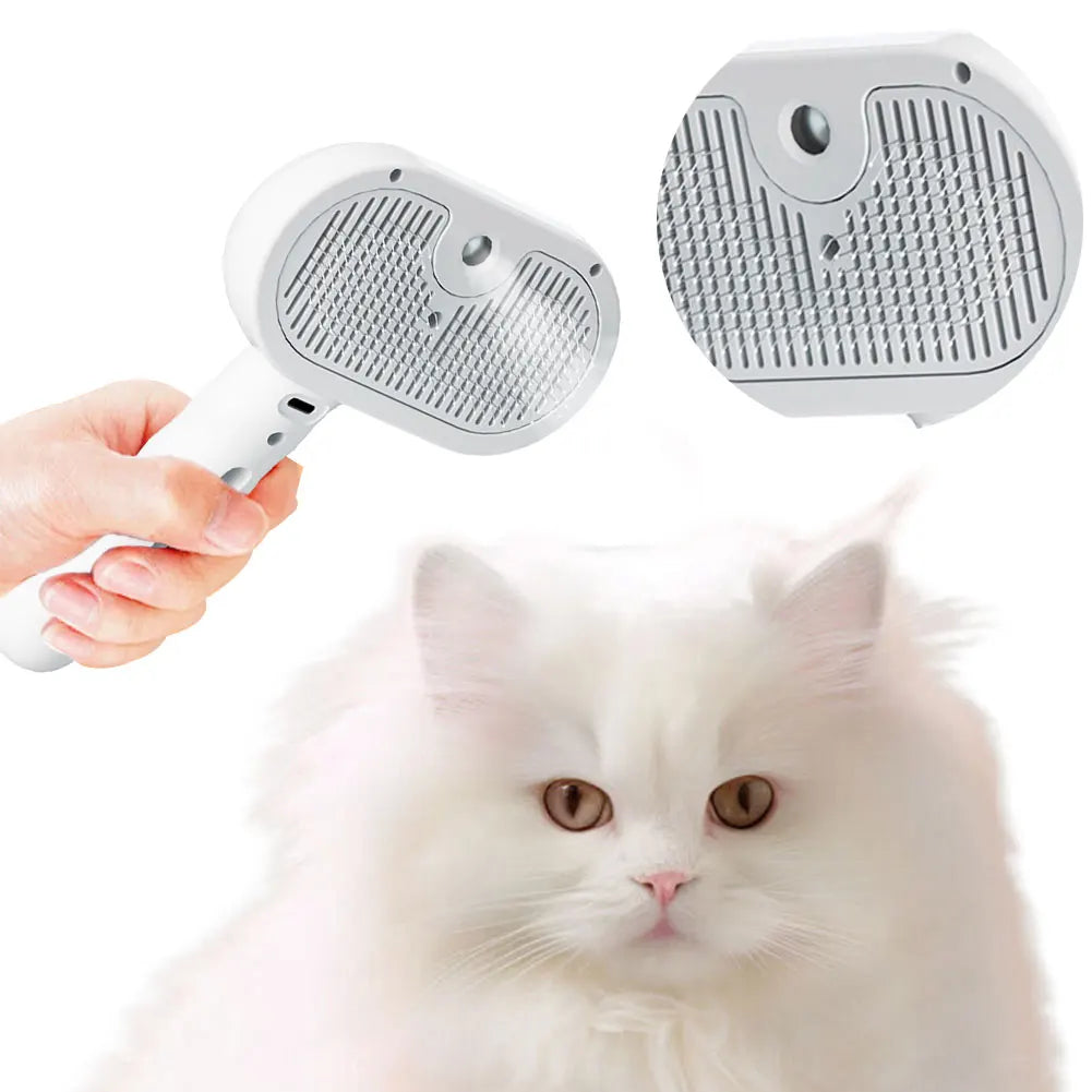 3-in-1 steam grooming brush removes fur while gently massaging pets.