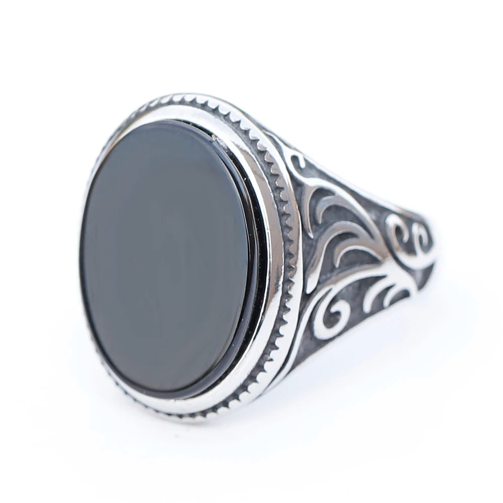 Retro Turkish geometric men's ring, black zircon stone, luxury anniversary jewelry.