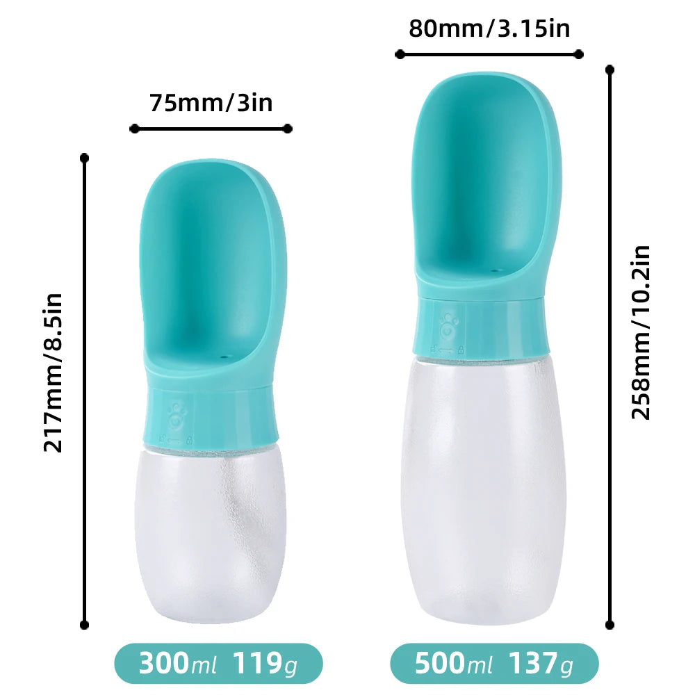 Portable water bottle keeps pets hydrated during travel adventures.