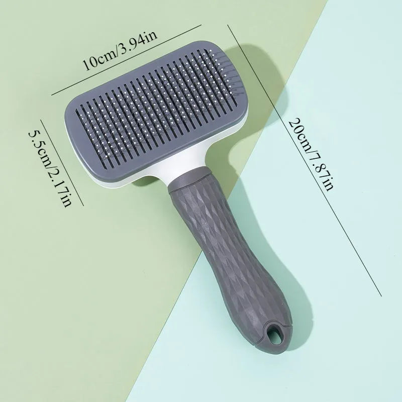 Self-cleaning grooming brush removes loose fur while gently massaging pets.