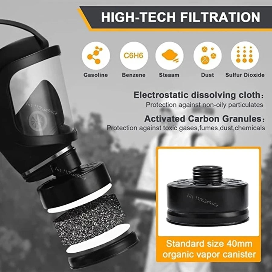 Full-face MF14/87 gas mask protects against chemical, biological, radioactive hazards.