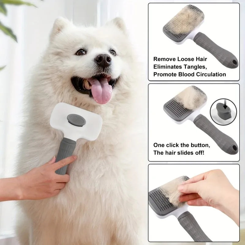 Self-cleaning grooming brush removes loose fur while gently massaging pets.
