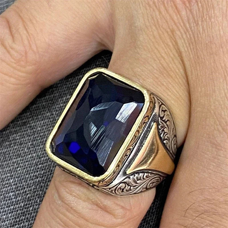 Delicate square geometric men's ring, gold-silver tones, blue stone, ideal party gift.
