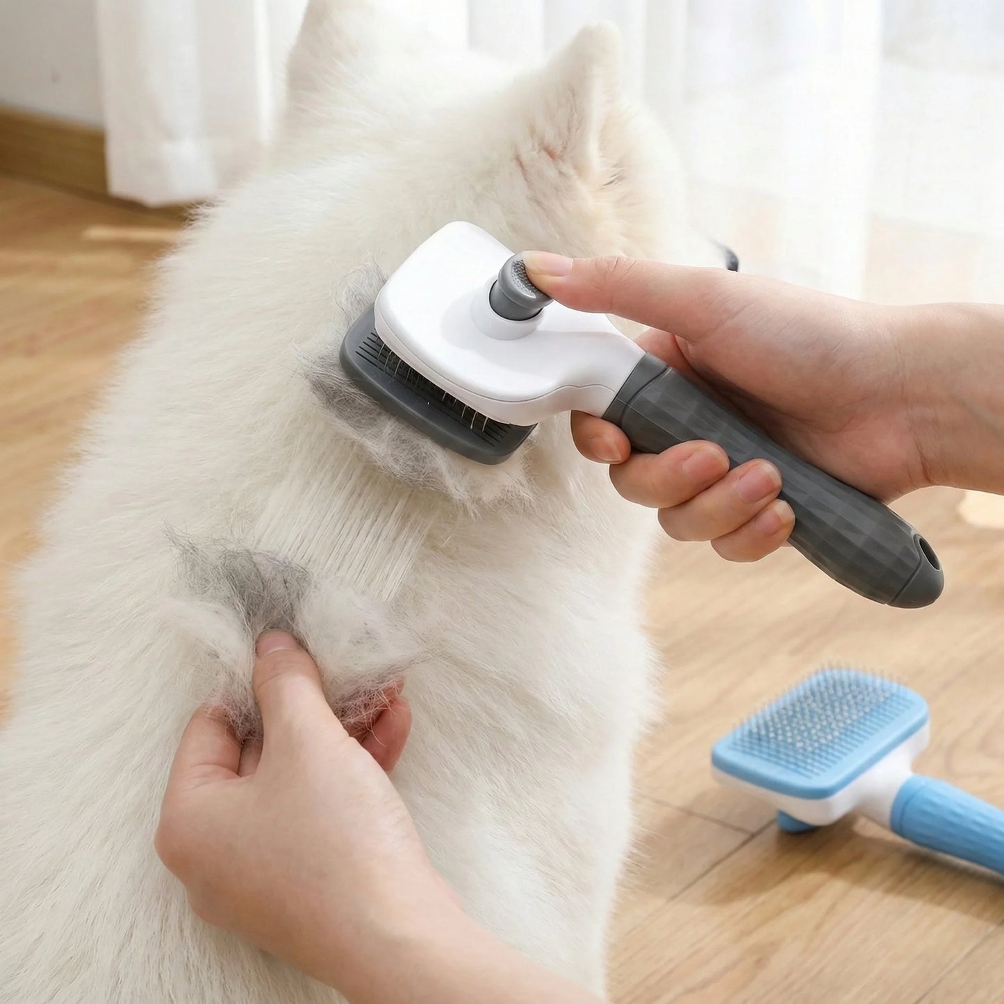 Self-cleaning grooming brush removes loose fur while gently massaging pets.