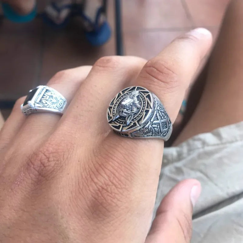 Vintage Viking wolf totem ring, Nordic warrior style, bold domineering men's jewelry.