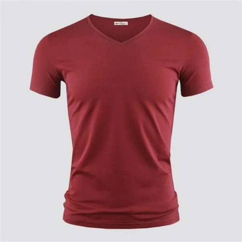 2024 Men's T Shirt Pure Color V Collar Short Sleeved.