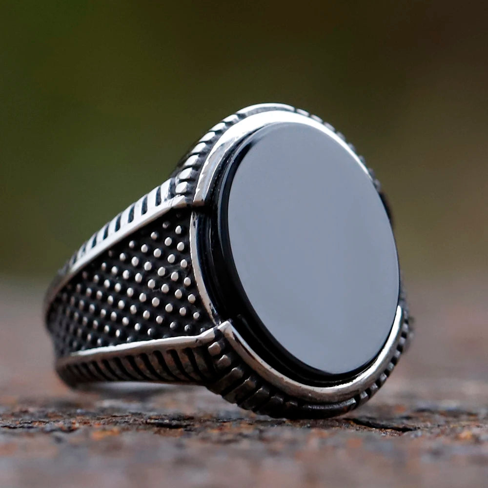 Retro geometric men's ring, black zircon stone, luxury wedding anniversary statement piece.