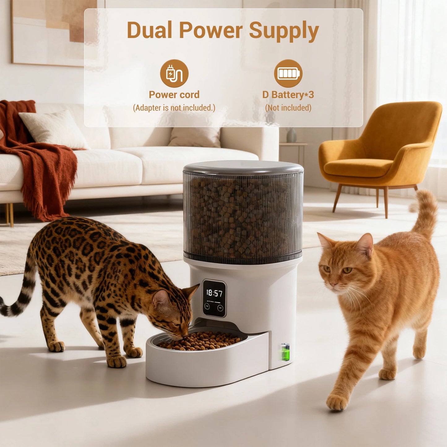 Programmable automatic feeder schedules meals with precise portions for pets.
