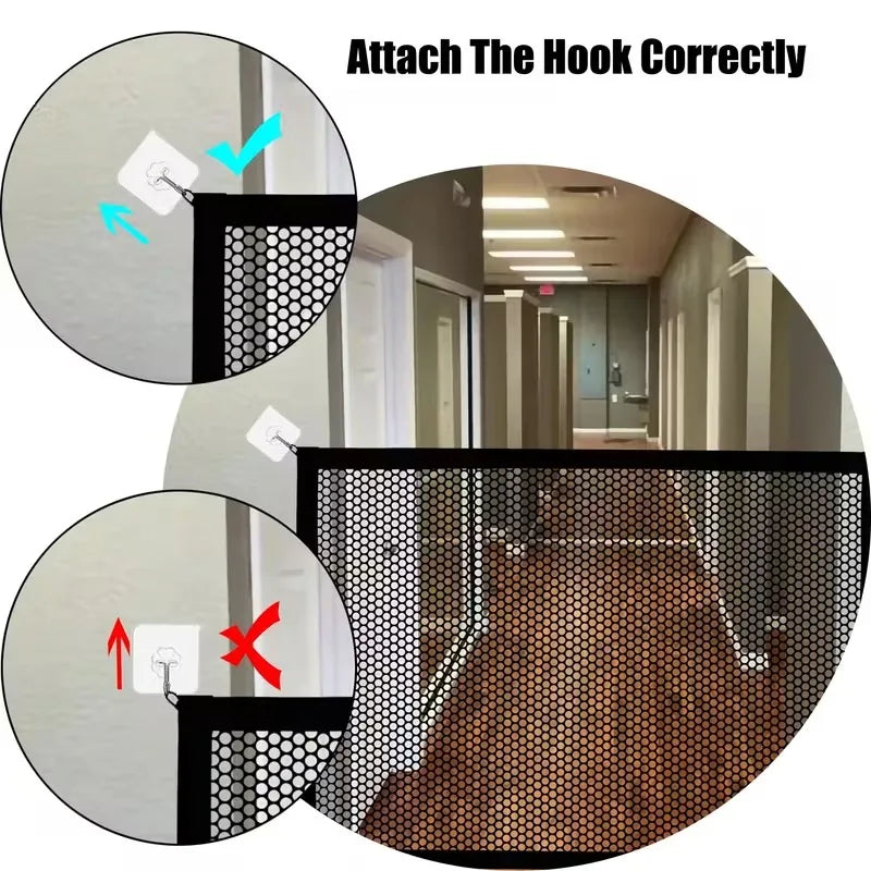 Adjustable retractable pet fence safely separates and protects pets indoors.