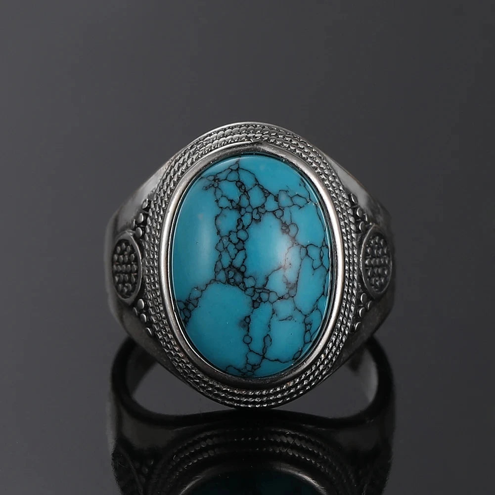 Natural oval turquoise ring, vintage silver luxury style, perfect anniversary party gift.