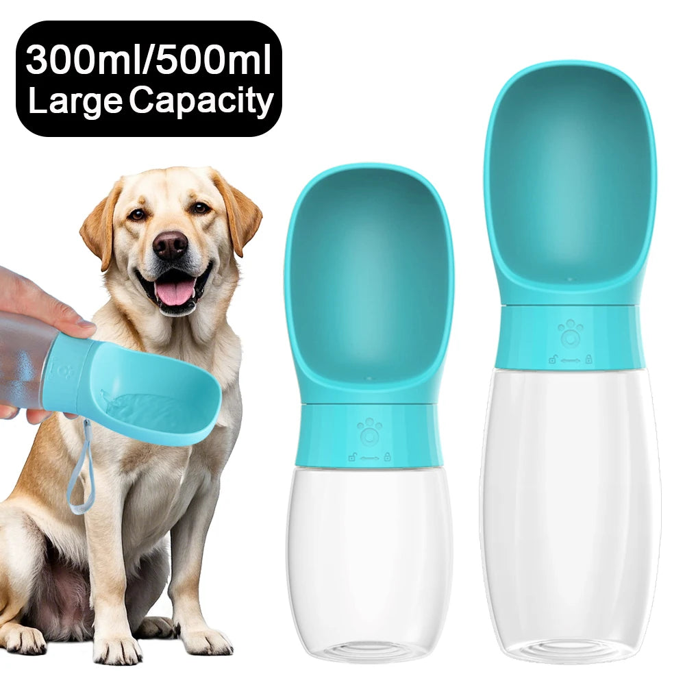Portable water bottle keeps pets hydrated during travel adventures.