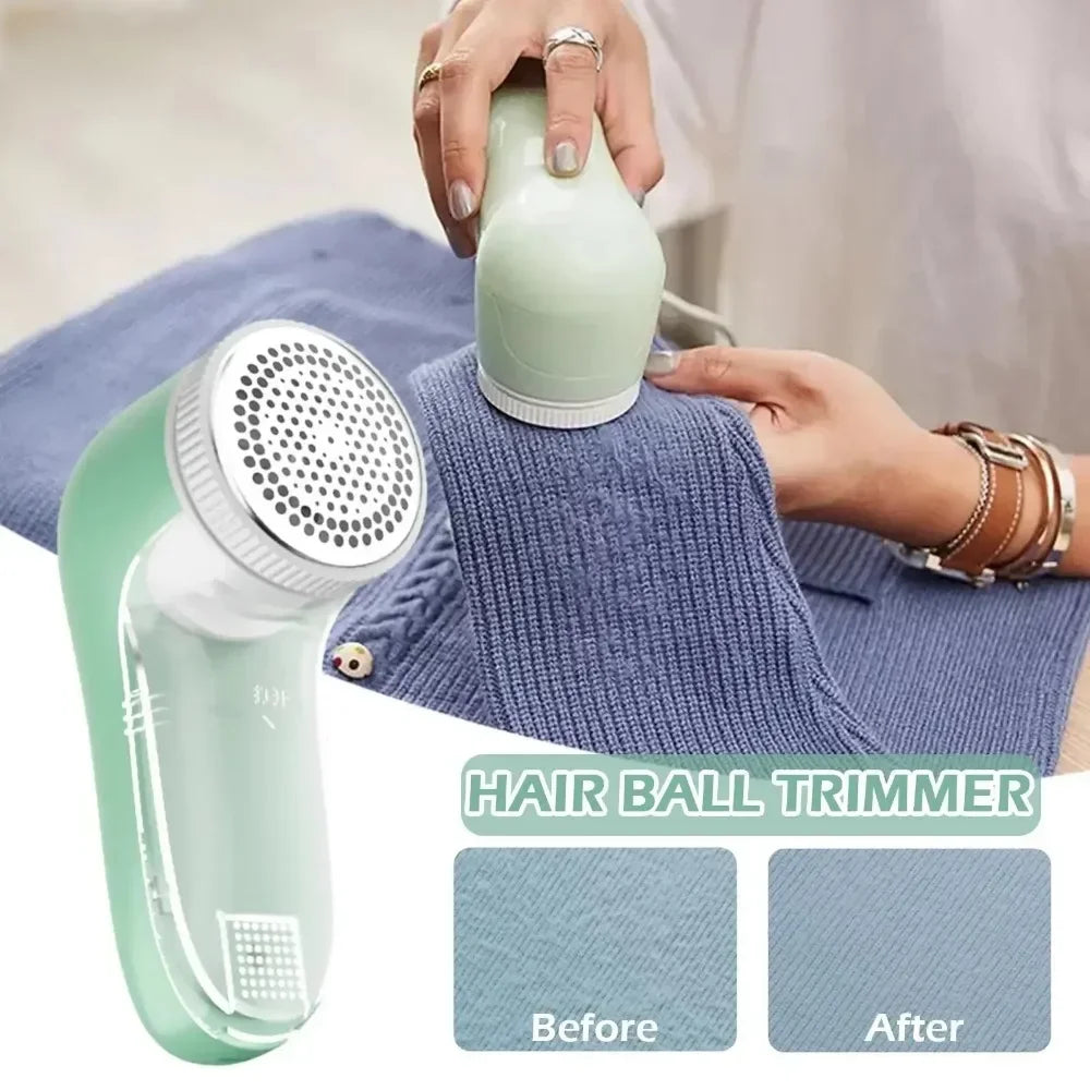 Electric lint remover effortlessly removes pet hair from clothes and fabrics.