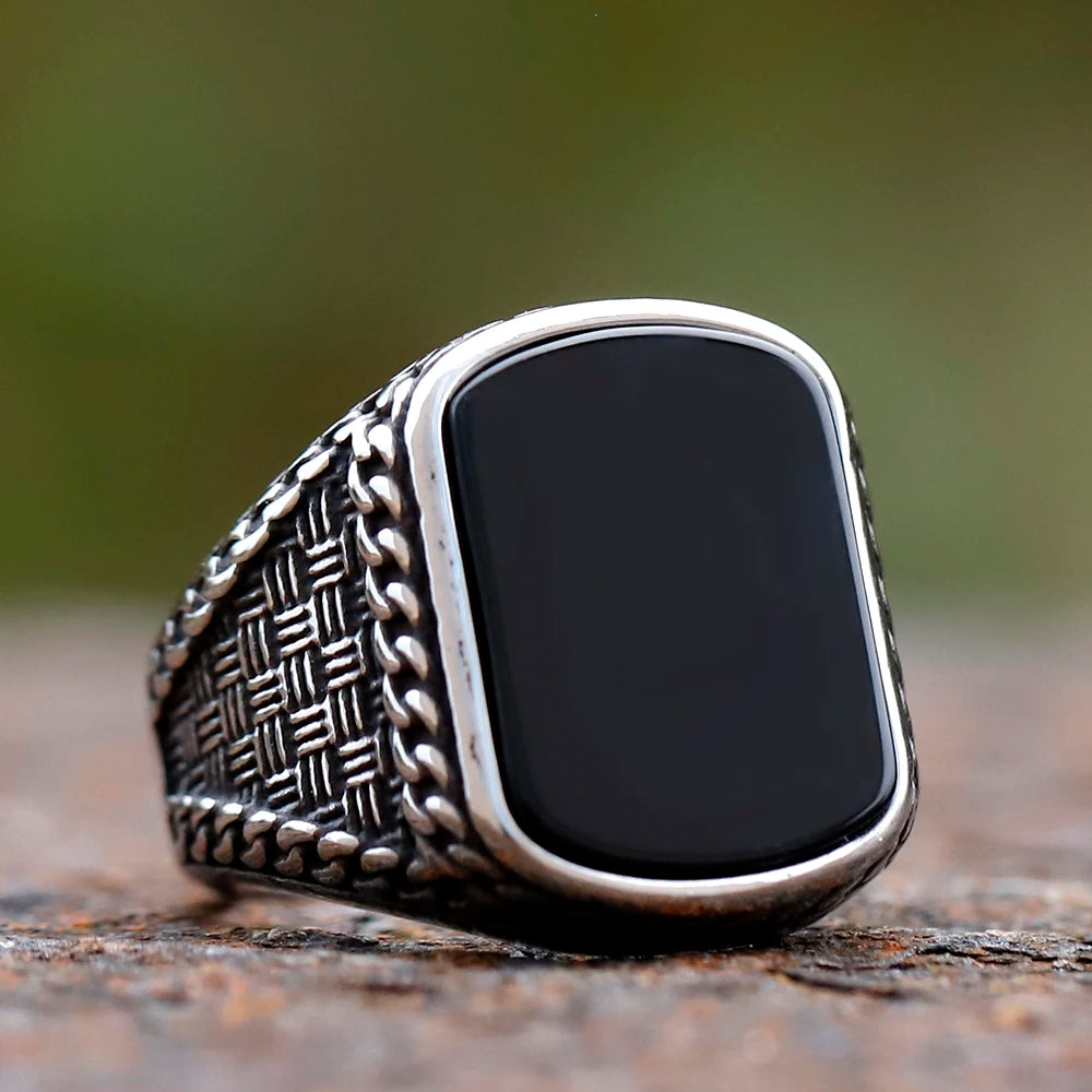 Vintage punk stainless steel rectangular men's ring, black zircon totem luxury statement.