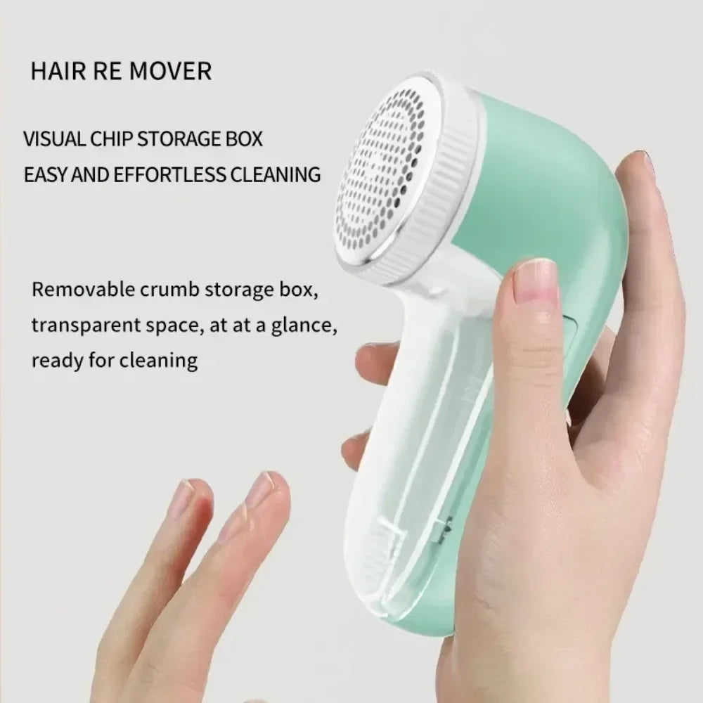 Electric lint remover effortlessly removes pet hair from clothes and fabrics.