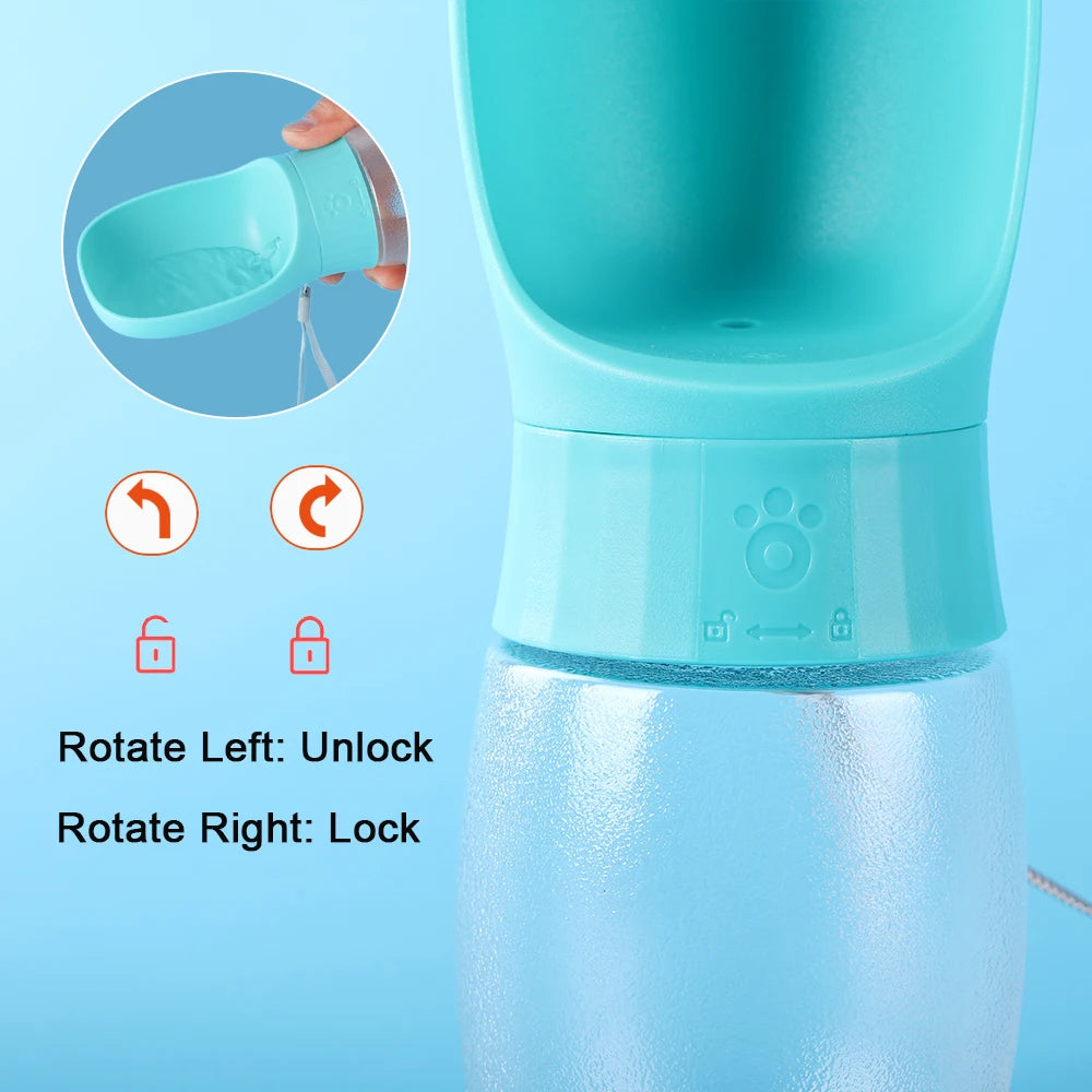 Portable water bottle keeps pets hydrated during travel adventures.