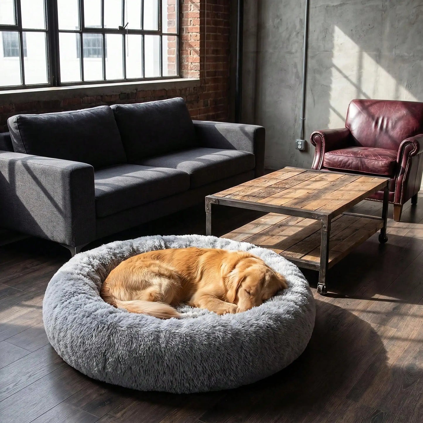 Soft calming donut bed reduces anxiety and provides cozy comfort.
