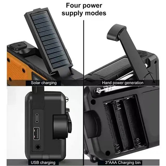 5000mAh emergency solar radio with hand-crank, AM/FM/SW, flashlight, reading light, power bank.