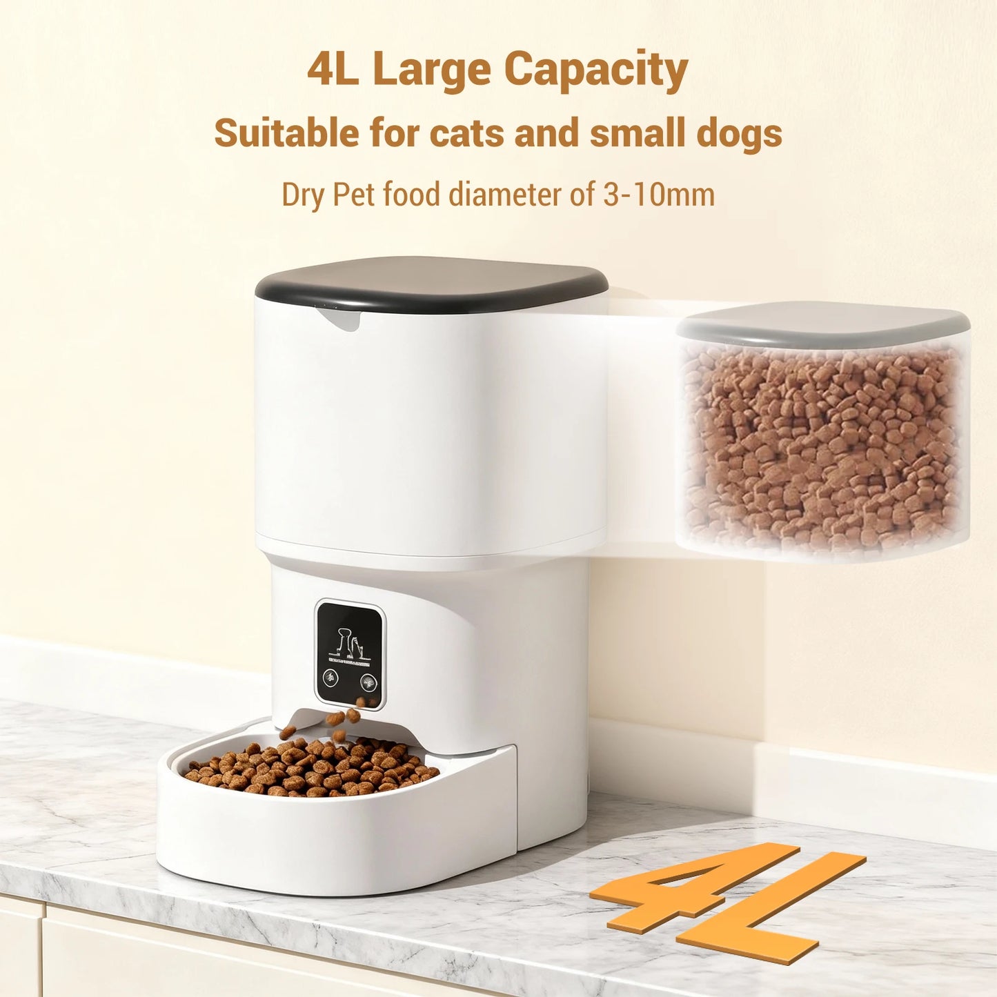 Programmable automatic feeder schedules meals with precise portions for pets.